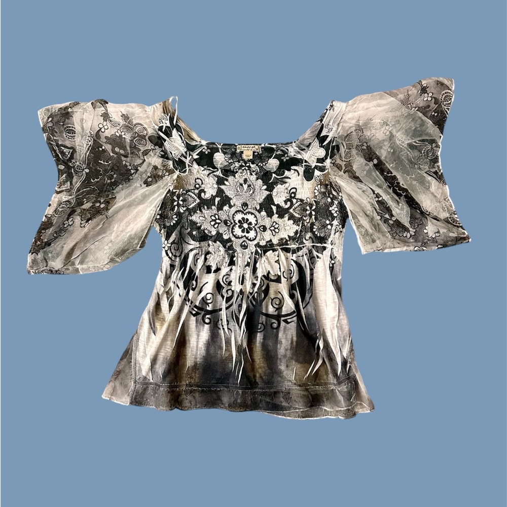 Energe World Wear‎ Women's L Neutral Top Blouse Y2K Fairy Babydoll Sheer Cross